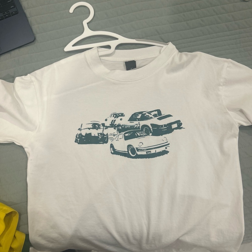 White Cropped Graphic Retro Porsche T-Shirt